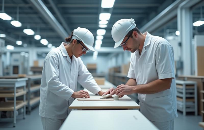 Employees working in a modern kitchen furniture manufacturing facility