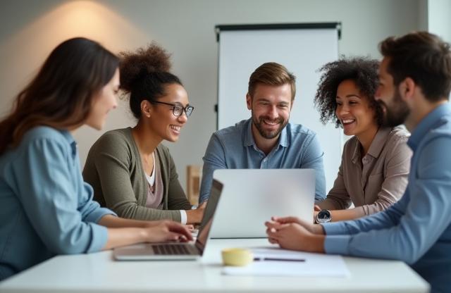 Team members collaborating around a table in a bright office